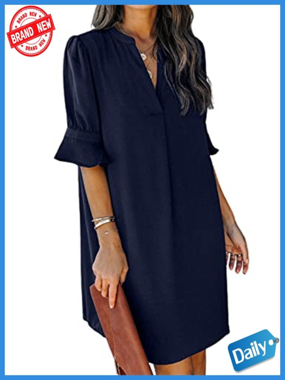 V Neck Ruffle Short Sleeve Casual Shift Dress Polyester Swing Dress